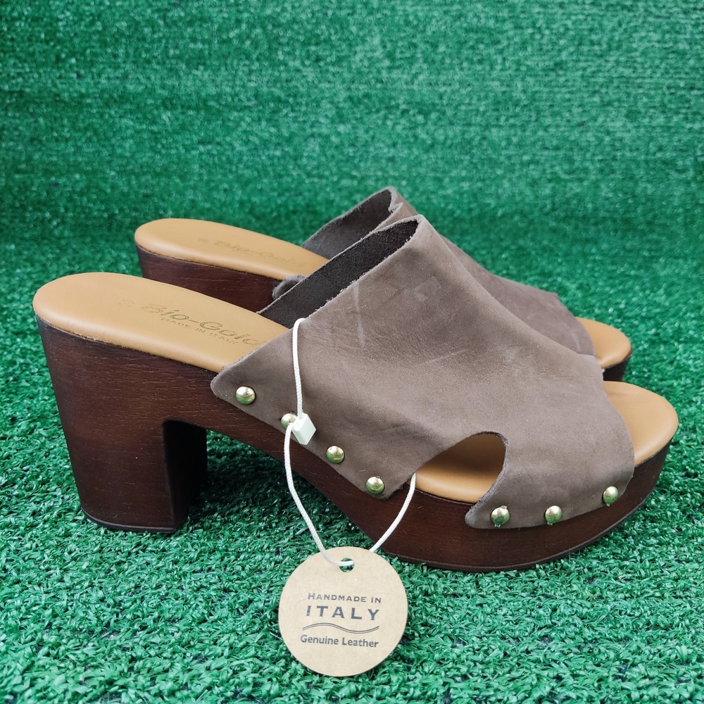 Bio-Gold Clogs Women 38 Brown Suede Studded Platform Mules Handmade Italy Wood